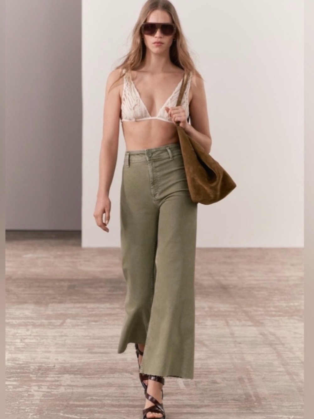 Zara Army Green Marine High Waist Wide Leg Frayed Hem Pants Jeans 38 US 6